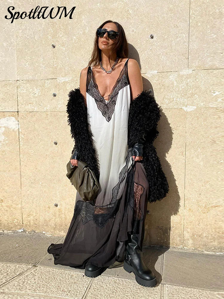 V-neck Lace Spliced Gauze Sheer Long Dresses Female See Through Sleeveless Backless Dress Back Split Black Beach Women Vestidos