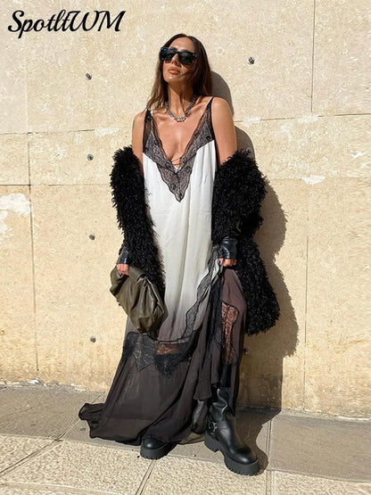 V-neck Lace Spliced Gauze Sheer Long Dresses Female See Through Sleeveless Backless Dress Back Split Black Beach Women Vestidos