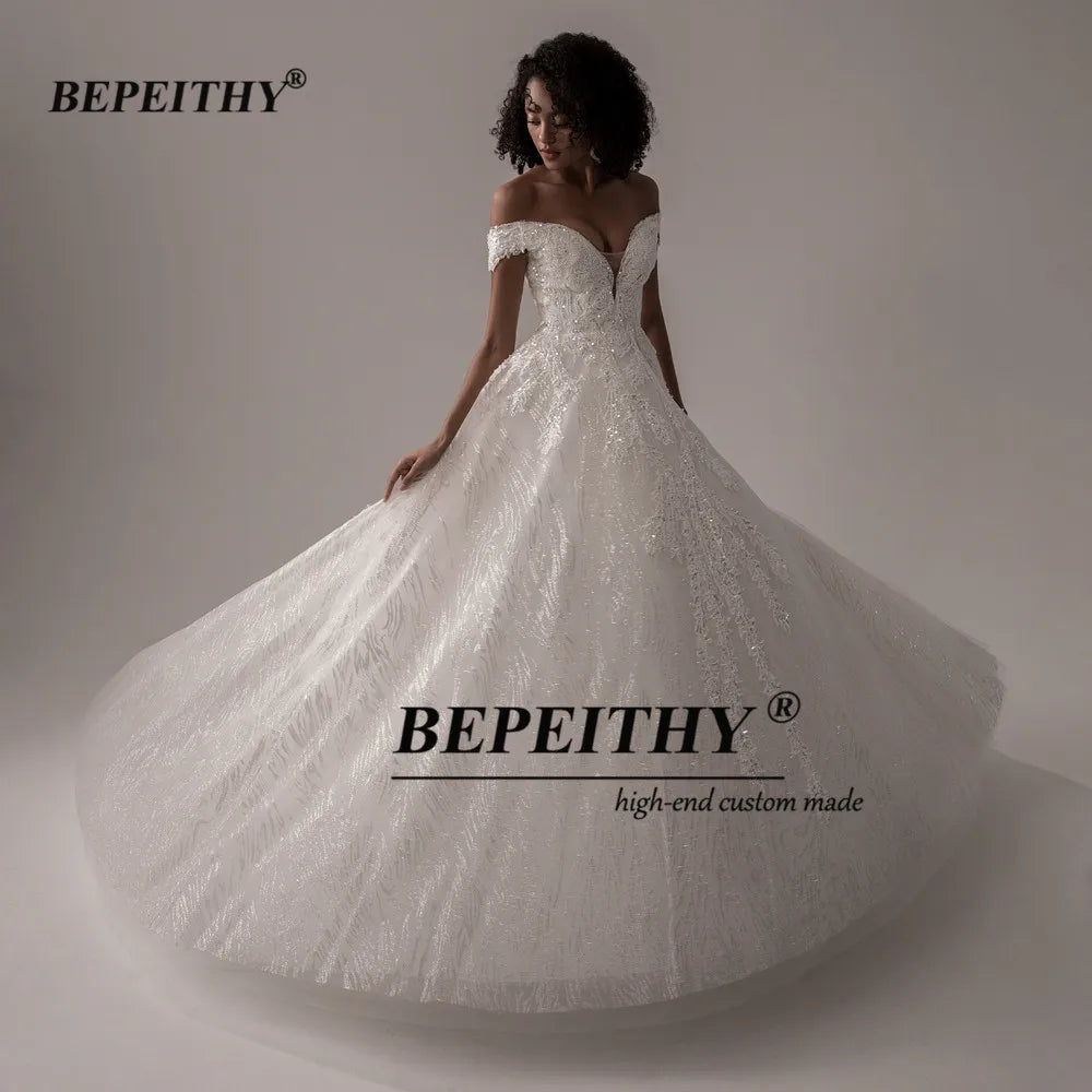 BEPEITHY Off The Shoulder Glitter Wedding Dresses For Women 2022 Ivory Dubai Bridal Dress Luxury Ball Gown For Bride New