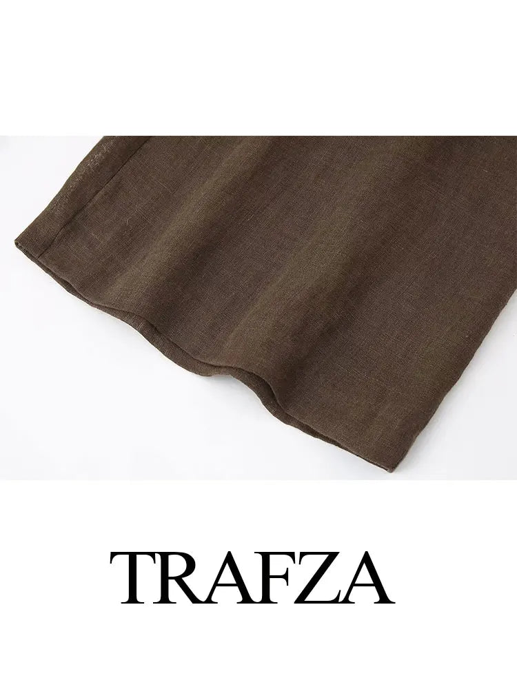 TRAFZA 2024 Spring Trousers For Women Fashion Linen Brown Loose Long Pants Female Vintage Versatile Women's Wide Leg Pant