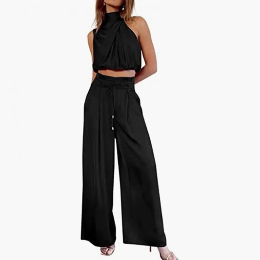 Women Cro Top Pants Set Sleeveless High Collar Pleated Short Top Drawstring High Waist Wide Leg Loose Trousers Set