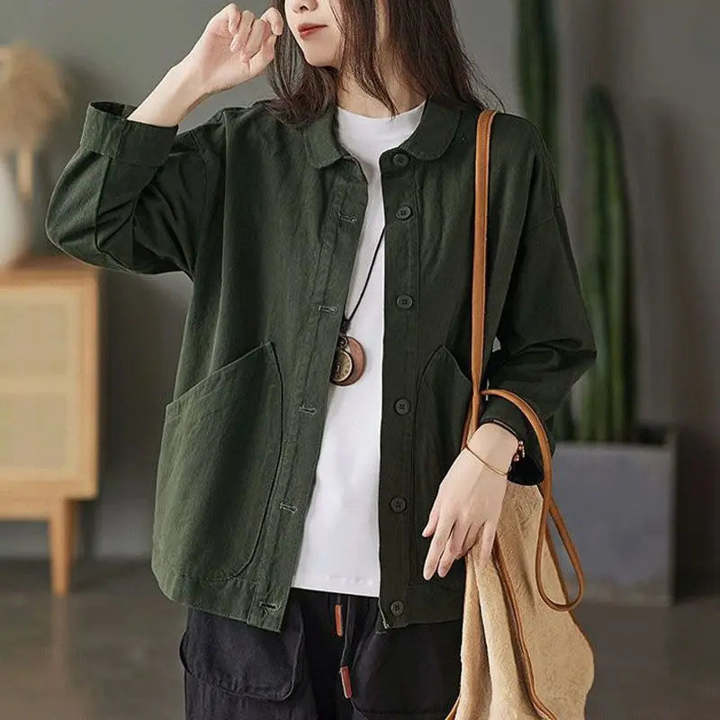 2023 Spring and Autumn Season Art Retro Simple Twill Cotton Solid Pocket Single Breasted Loose and Versatile Women's Shirt Coat