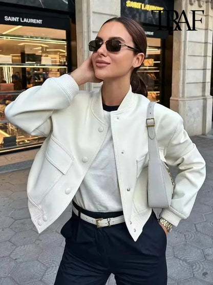 TRAF Women Fashion With Pockets Bomber Jacket Coats Vintage Long Sleeve Front Button Casual Female Outerwear Chic Tops