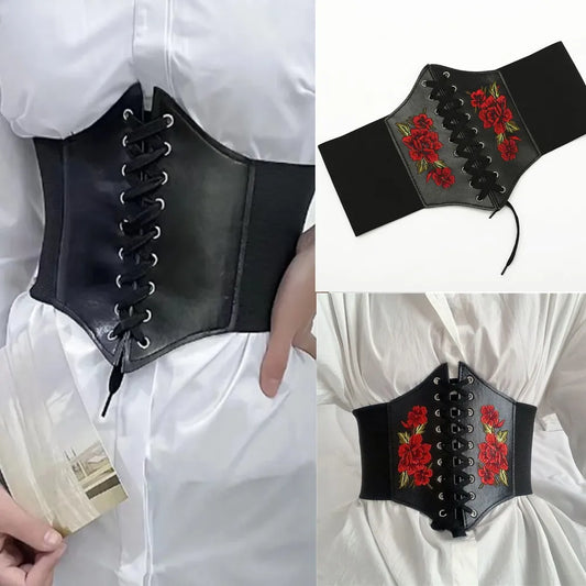 Women Sexy Corsets Wide Belts Rose Embroidered Solid Color PU Leather Slimming Body Fashion Elastic Waistband for Dress Coat