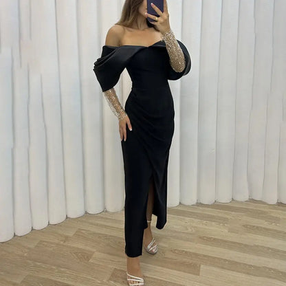 Women Evening Dress Off Shoulder Low-cut Tight Waist Split Hem Mesh Sleeve Color Party Wedding Maxi Dress