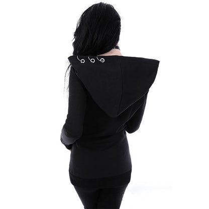 XUANSHOW 2023 Women Hoodies Gothic Punk Iron Ring Sweatshirts Autumn Winter Long Sleeve Zip-up Black Jacket Zipper Ladies Coat