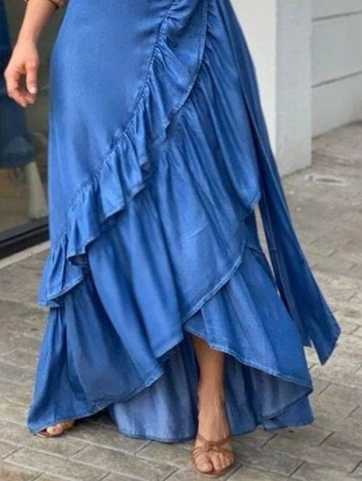 Women's Pleated Denim Skirt Casual Street Wear Beach Party Club Y2K Vintage Elegant Solid Ruffle Hem Knot Waist Long Dress