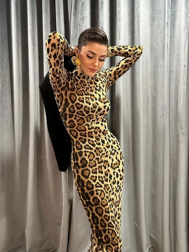 Sexy Leopard Printed Half High Collar Dress Women Long Sleeve Zipper Bodycon Maxi Dresses 2024 Sping Summer Chic Ladies Vestidos