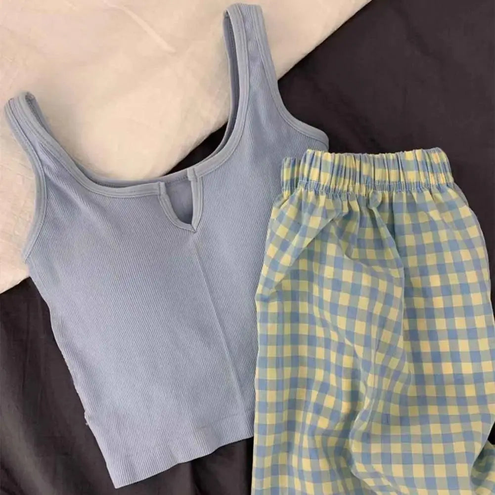 Women Homewear Top Shorts Set with Chest Pads Sleeveless Elastic Waist Summer Beach Crop Top Shorts Set Loungewear