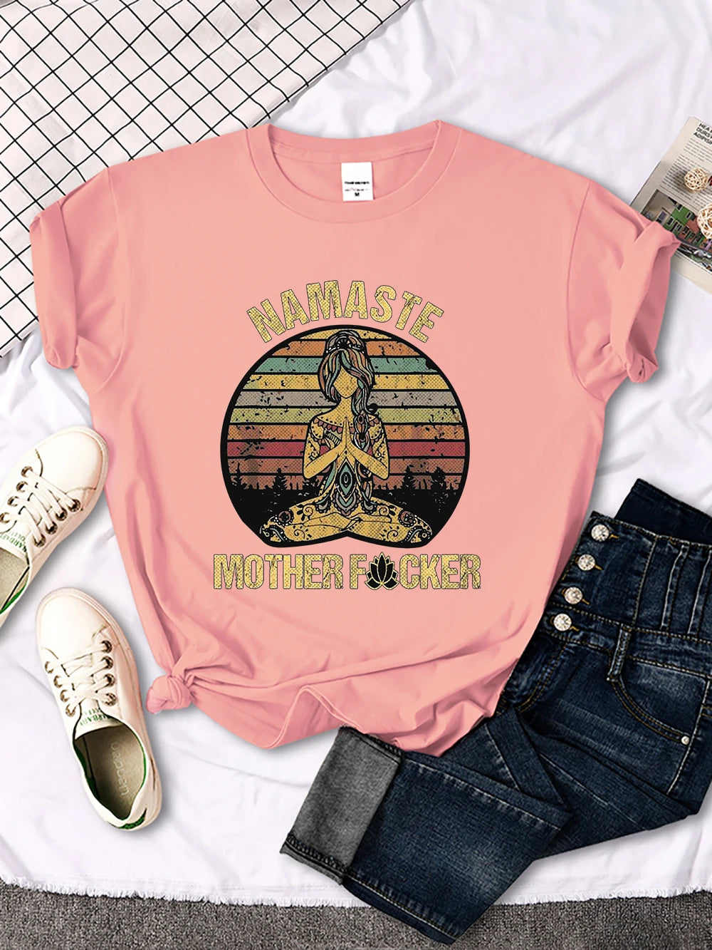 Vintage Namaste Mother Explicit Pattern Women T-Shirt O-Neck Creative T Shirts Fashion Breathable Crop Top Casual Sport T Shirt
