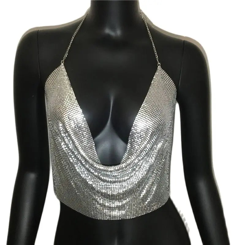 AKYZO Women 2023 Sexy Metal Sequined Tank Camis Summer Gold Silver Backless Cropped Glitter Beach Club Show Wear Tank Tops