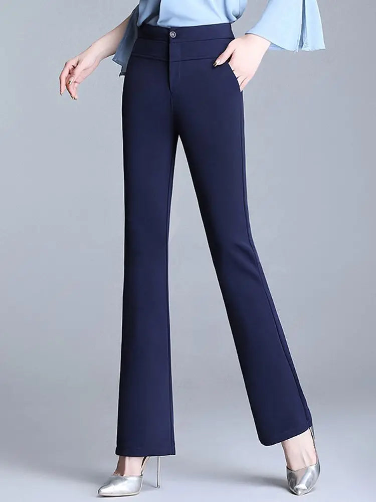 Korean Fashion Women Office Suit Pants Vintage High Waist Stretch Flare Pants Female Casual Draped Straight Trousers Pantalones