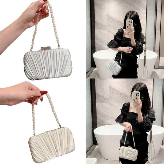 Women Stylish Ruffled Handbag with Pearl Beaded String Strap Elegant Pleated Evening Clutch Lady Banquet Prom Party Shoulder Bag