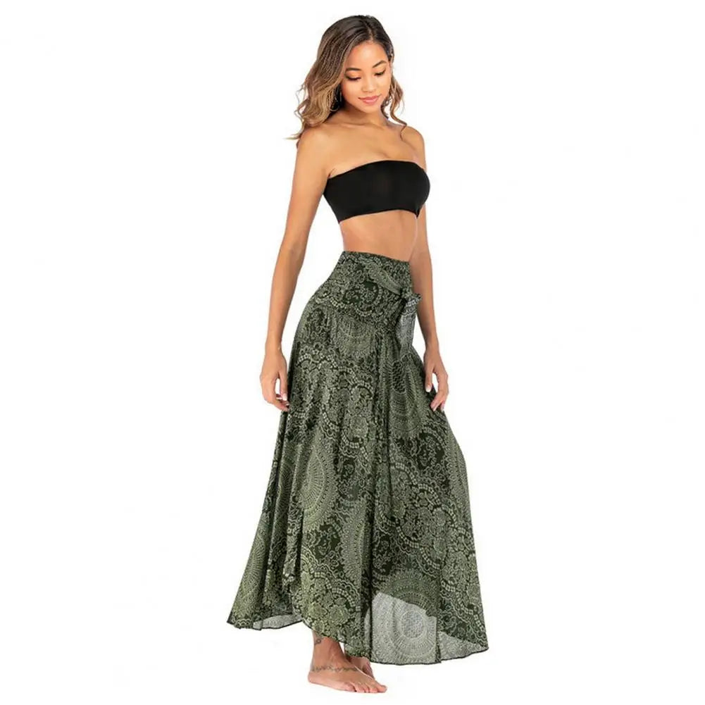 Bohemia Style Women Skirt Retro Printing Flowy Hem Long Skirt Halter Sleeveless Midi Dress Two Wear Dress Skirt