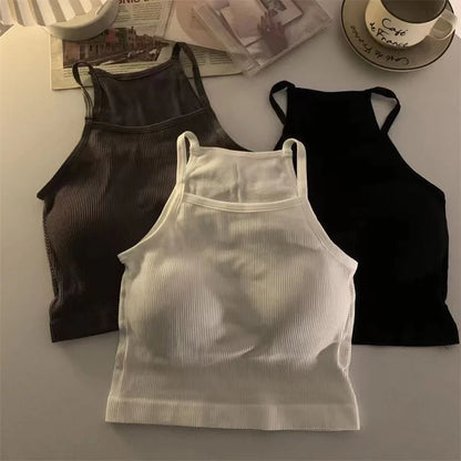 Korean Version Women Tank Tops Thread Solid Casual Fashion Crop Top with Chest Pad Stripe Sleeveless Outer Wear Basic Camisole