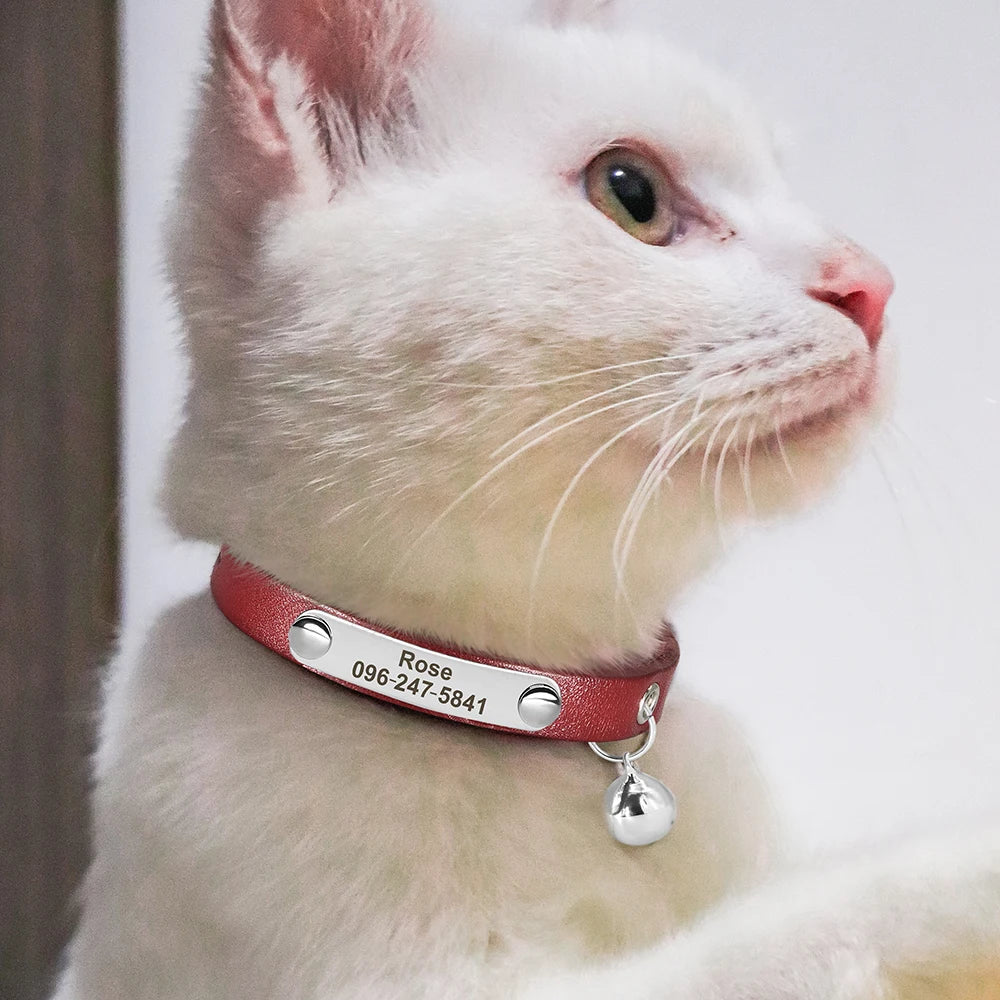 Custom Leather Cat Collar Adjustable Personalized Puppy Cat ID Collars Necklace Engraved Name for Cats Kitten Pet Accessories