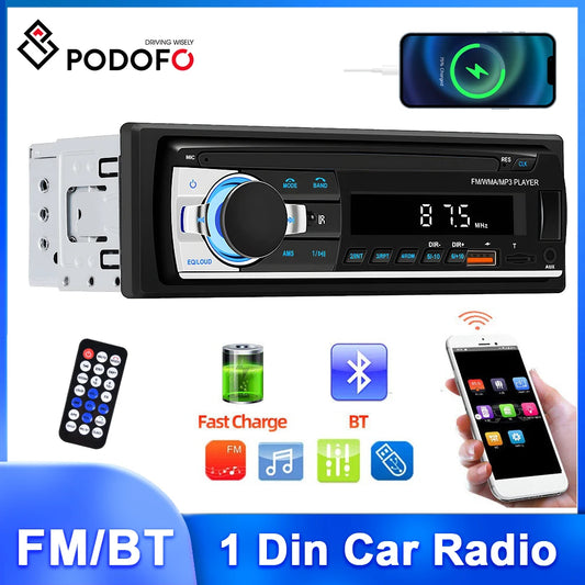 Podofo 1Din In-Dash MP3 Player FM Car Stereo Remote Control Bluetooth Audio RCA Audio DC 12V USB/SD/AUX-IN 60W EQ Autoradio