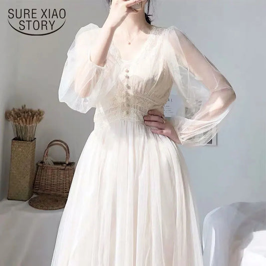 Dress Women 2023 Spring Wedding Midi Dresses Elegant A-Line Vestidos Solid Puff Sleeve V-Neck Ladies Lace Dress Mesh 8126 50