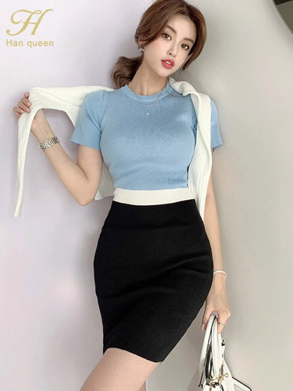 H Han Queen O-neck Colorblock Elegant Pencil Dress Women Simple Slim Elastic Knitted Sheath Bodycon Dresses Office Wear Vestidos