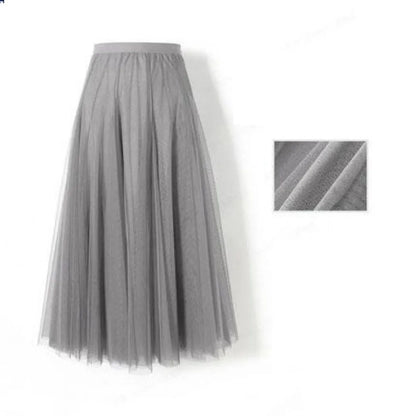 New Women Mesh Elastic Tutu Skirt Beach Spring Summer Korean High Waist Fashion Pleated Long Skirt Black White Tulle Skirts