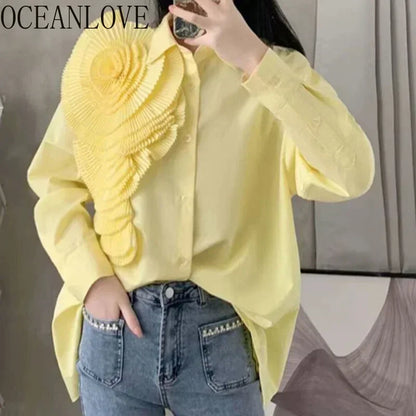 OCEANLOVE Solid Spring Autumn Shirts&blouses 3D Flowers Vintage Korean Fashion Women Tops Elegant Sweet Party Blusas Mujer