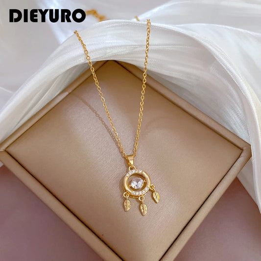 DIEYURO 316L Stainless Steel Dream Catcher Feather Zircon Pendant Necklace For Women Fashion Girls Chain Birthday Jewelry Gifts