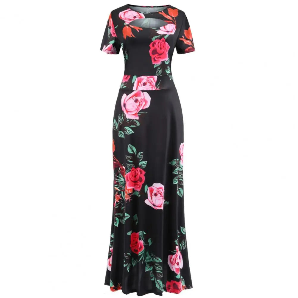 Women Party Dress Floral Print Tight Waist Design Short Sleeve Ladies Long Dress