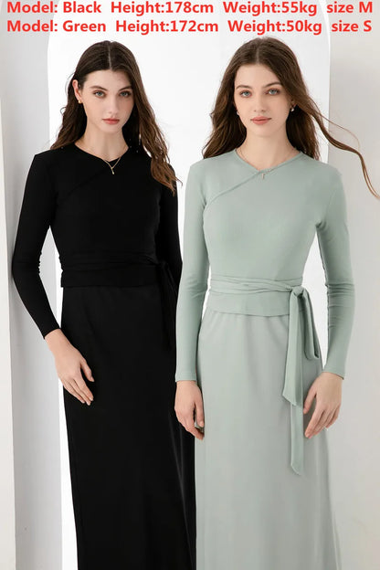 AS 2024 woman clothing high Stretch ribbing closed-fit wrap tops + Matte Satin dress Maxi matching sets  (ship out in 24 hours)