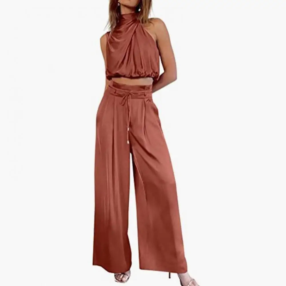 Women Cro Top Pants Set Sleeveless High Collar Pleated Short Top Drawstring High Waist Wide Leg Loose Trousers Set