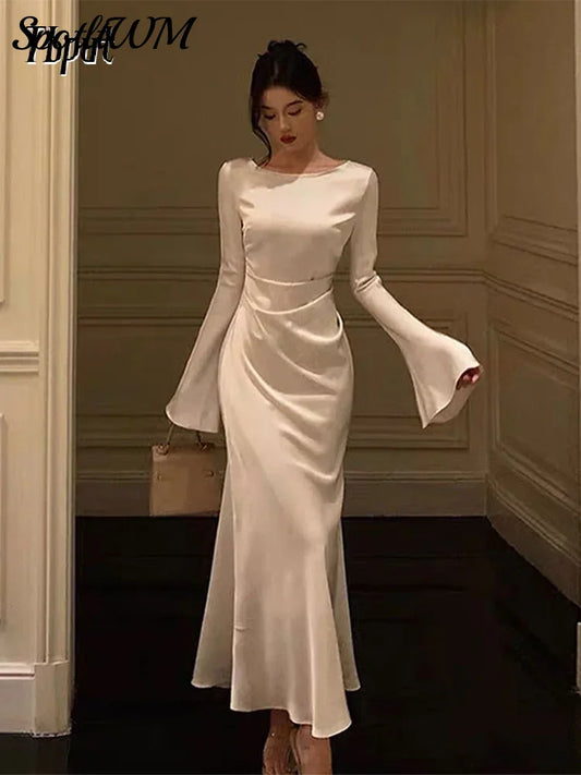 Long Flare Sleeve White O Neck Satin Maxi Dress Women Elegant Bodycon Fishtail Dresses Spring New Chic Lady Night Party Vestidos