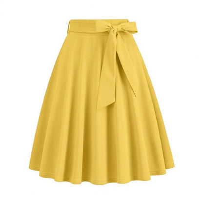 HOT SALES! Women Skirt Belted Tight Waist Bow Decor A-line Big Swing High Waist Soft Ruffle Party Midi Skirt