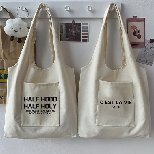 2020 Shopping Bag Woman Bag Text Pattern Printing Series Beige Reusable Harajuku Commuter Simple Large Capacity Fashion Tote Bag