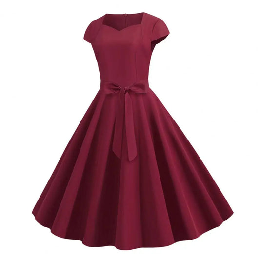 Women Dresses Belted Bow Decor A-line Big Swing Tight High Waist Solid Color Retro Short Sleeve Princess Style Lady Midi Dress