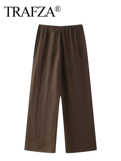 TRAFZA 2024 Spring Trousers For Women Fashion Linen Brown Loose Long Pants Female Vintage Versatile Women's Wide Leg Pant