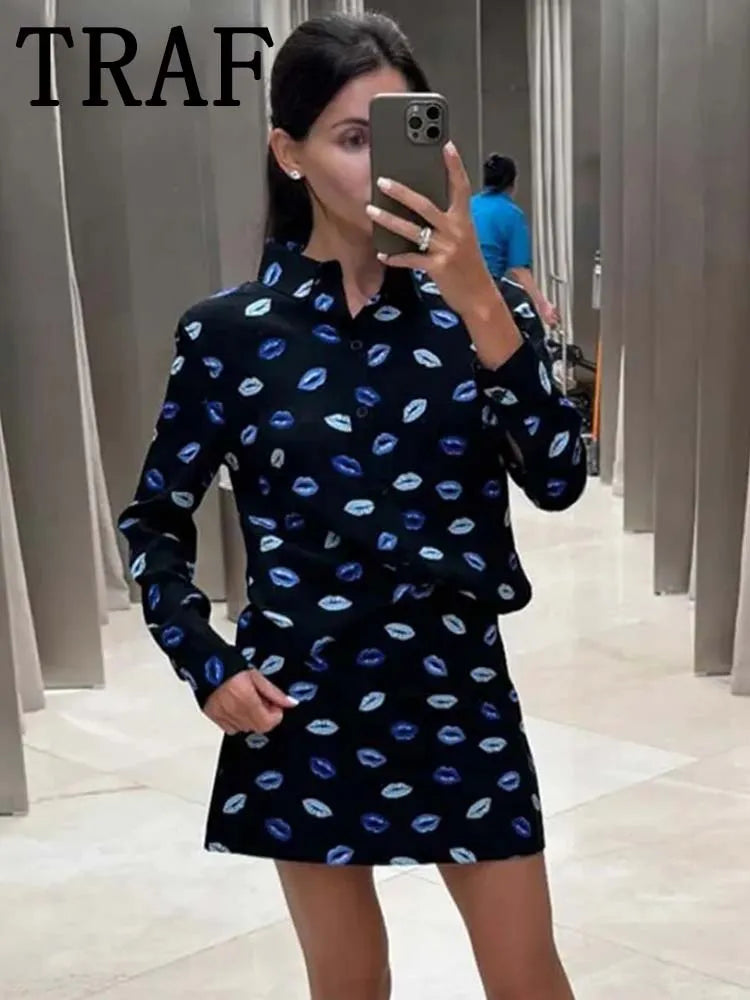 TRAF 2024 Printed Women Mini Skirt Sets For Women 2 Pieces Long Sleeve Shirts Top Women Suits New Two Piece Set Women Outfit