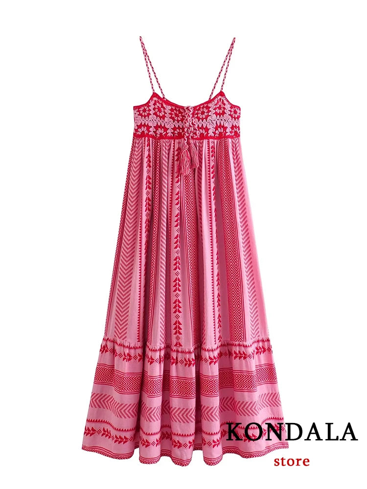 KONDALA Boho Flower Print Knit Corset Long Cami Dress Women Bow Tie Embroideried Ruffles Beach Dress Fashion 2024 Summer Dress