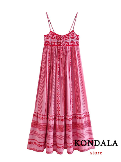 KONDALA Boho Flower Print Knit Corset Long Cami Dress Women Bow Tie Embroideried Ruffles Beach Dress Fashion 2024 Summer Dress