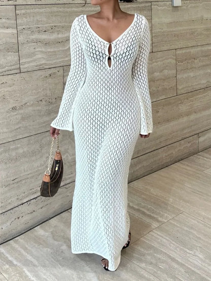 Tossy White Knit Fashion Cover up Maxi Dress Female See-Through V-Neck Hollow Out Beach Holiday Dress Knitwear Backless Dress