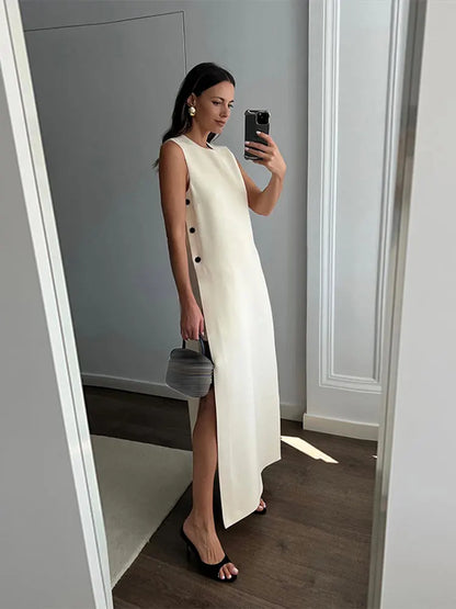 Women Button Split Sleeveless Maxi Dress Elegant O-neck Off Shoulder Loose Long Robes 2024 New Female High Street Vestidos