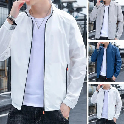 Jackets Men Windbreaker Coats Long Sleeve Pocket Zipper Solid Color Stand-up Collar Elastic Cuff Men Sunscreen Coat Men Clothes