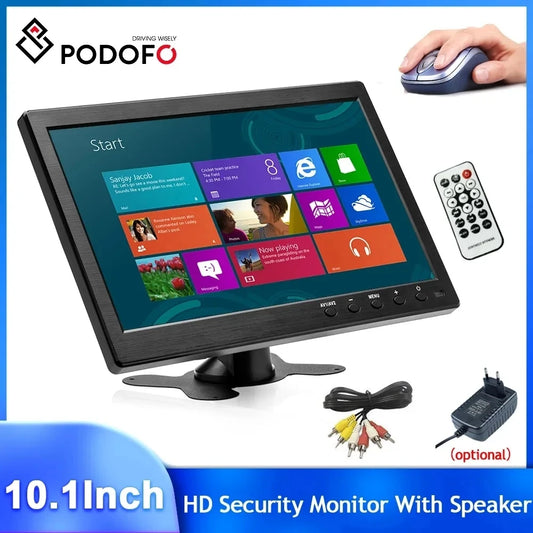 Podofo LCD HD Monitor Portable 10.1" Mini TV & Computer Display 2 Channel Video Input Security Monitor With Speaker HDMI VGA