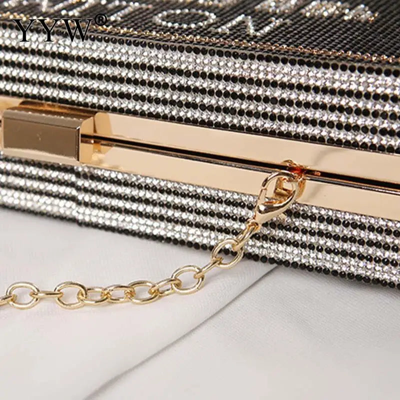 INS Luxury Bling Rhinestone Clutch Handbag for Women Square Diamond Letters Hard PC Women Evening Party Prom Messenger Chain Bag