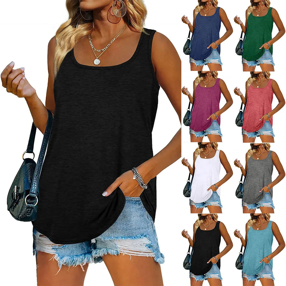 Womens Tank Tops U Neck Dolphin Hem Casual Flowy Summer Sleeveless Tunic Tshirts