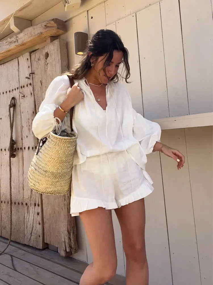 Fashion Summer Cotton Linen Loose Ruffle Shorts Suits Women Long Sleeve Drawstring Pullover 2 Pieces Set 2024 Casual Beach Suits