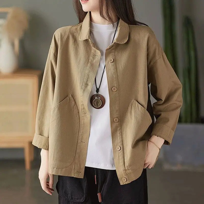 2023 Spring and Autumn Season Art Retro Simple Twill Cotton Solid Pocket Single Breasted Loose and Versatile Women's Shirt Coat