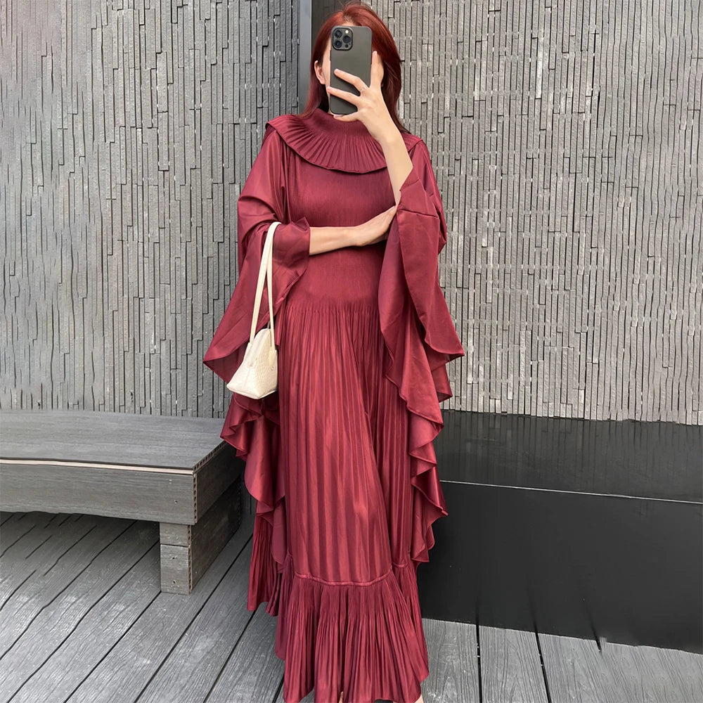 EGRM Ruffle Sleeves Pleated Maxi Long Dress For Women Elegant Lapel Solid Color Loose High-end Dresses 2024 Spring New 7ER3150