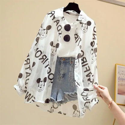 Mickey Mouse Blouse Ladies Long Sleeve Women Shirt Beach Shirts Kawaii Cartoon Summer Disney Clothes Cover-Up Top Casual