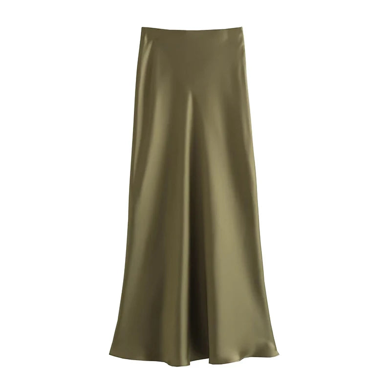 TRAF Satin Midi Skirt Woman High Waist Long Skirts For Women New Fashion 2023 Autumn Casual Elegant Party Women's Skirts