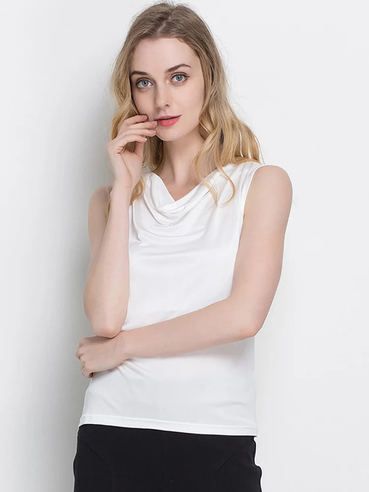 SuyaDream Natural Silk Women Jersey Tanks Draped Collar Solid Summer Vests 2022 Summer T Shirt White Black Pink