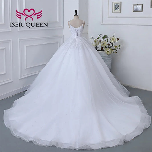 Small Straps Pearls Beading Luxury Wedding Dress 2024 Pure White Ivory Color Plus Size Civil Wedding Dresses For Bride WX0370